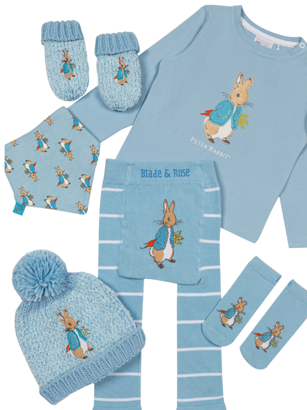 The Peter Rabbit™ Up To Mischief range, including mittens, bobble hat, top, leggings, socks and bandana bib