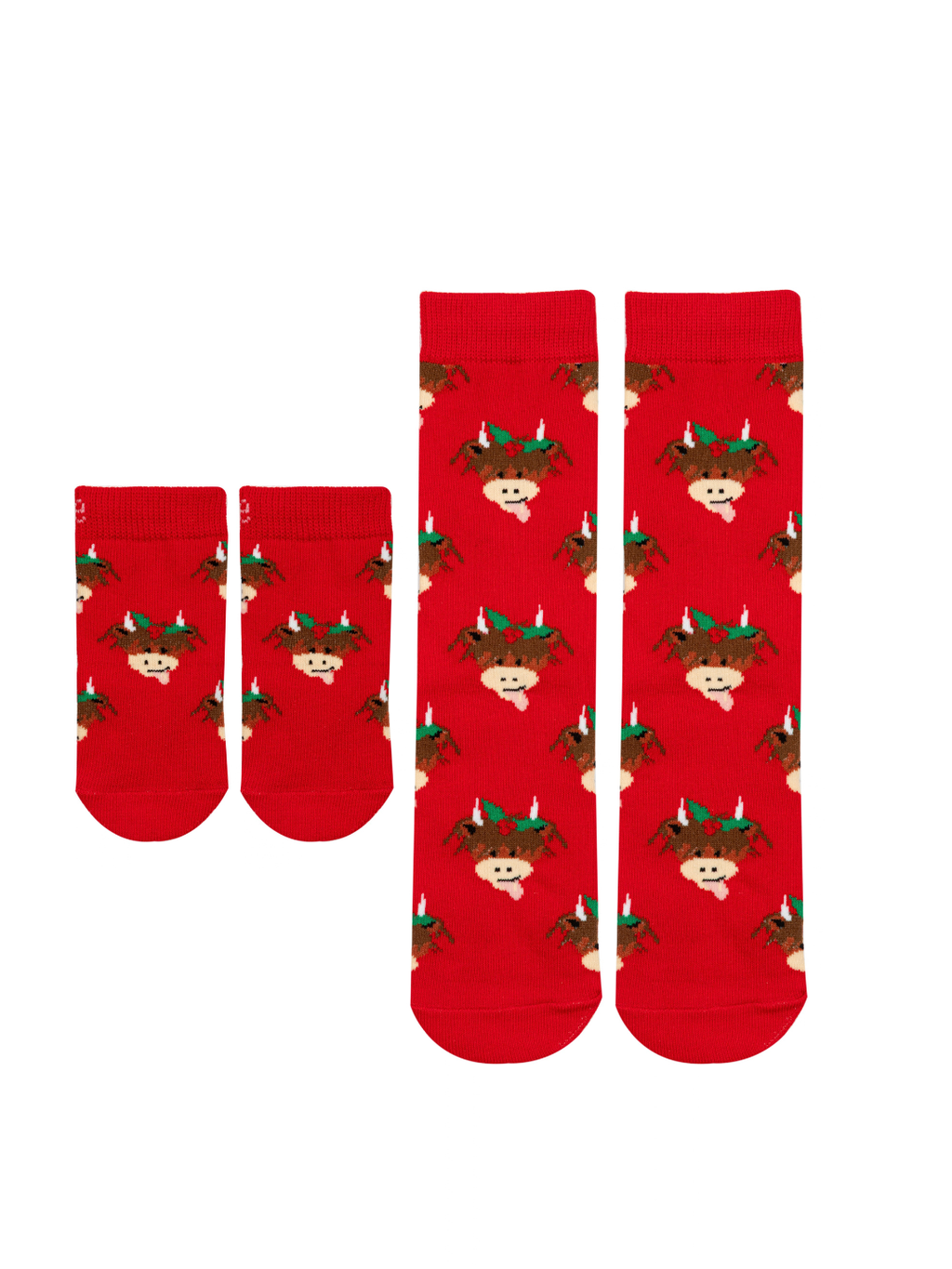 Hamish Christmas Socks in red, shown in a child size and an adult size