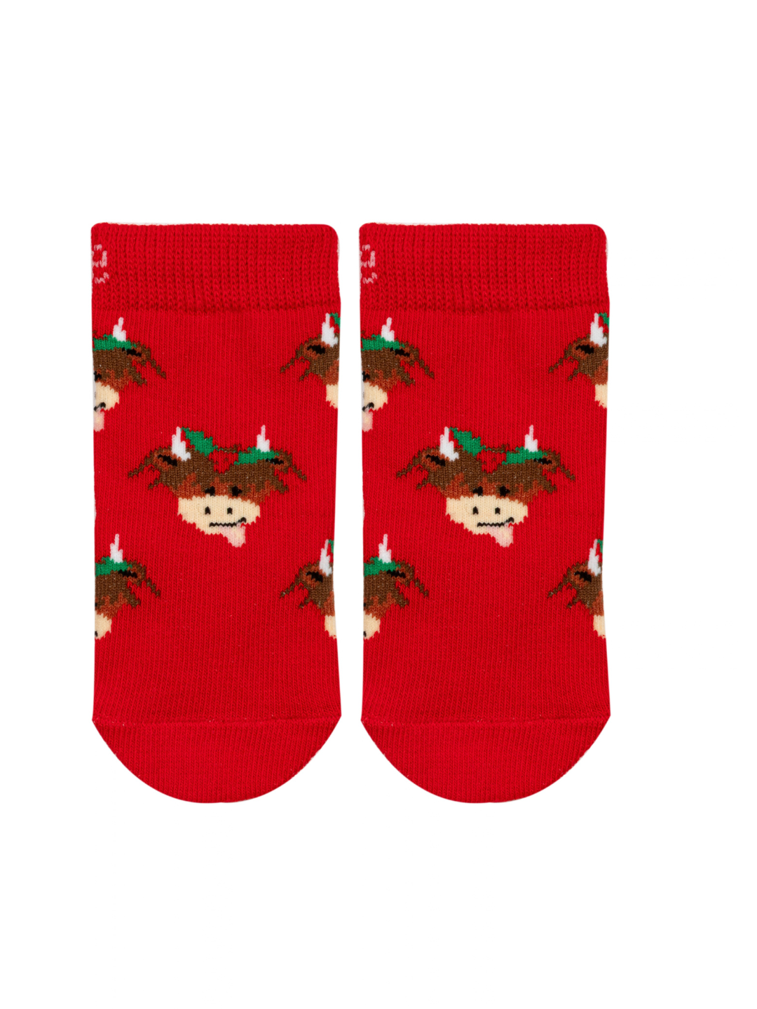 Hamish Christmas Socks in red, covered with Hamish the Highland Cow in his Christmas holly