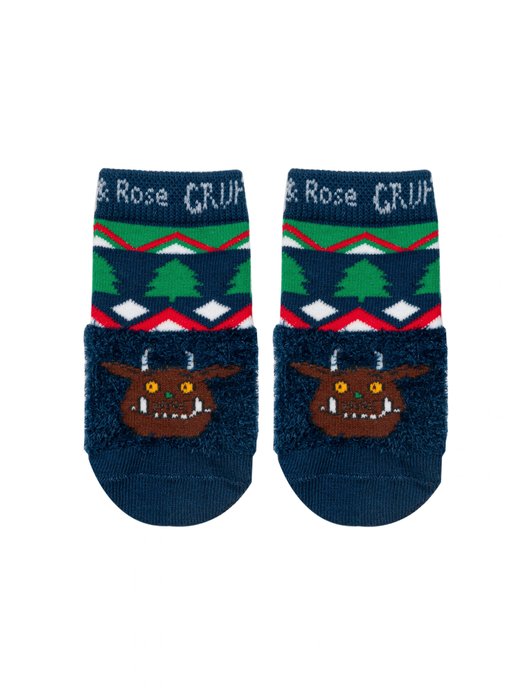 Gruffalo™ Christmas Socks in the baby size, with the Fair Isle cuff turned down over the fluffy navy foot