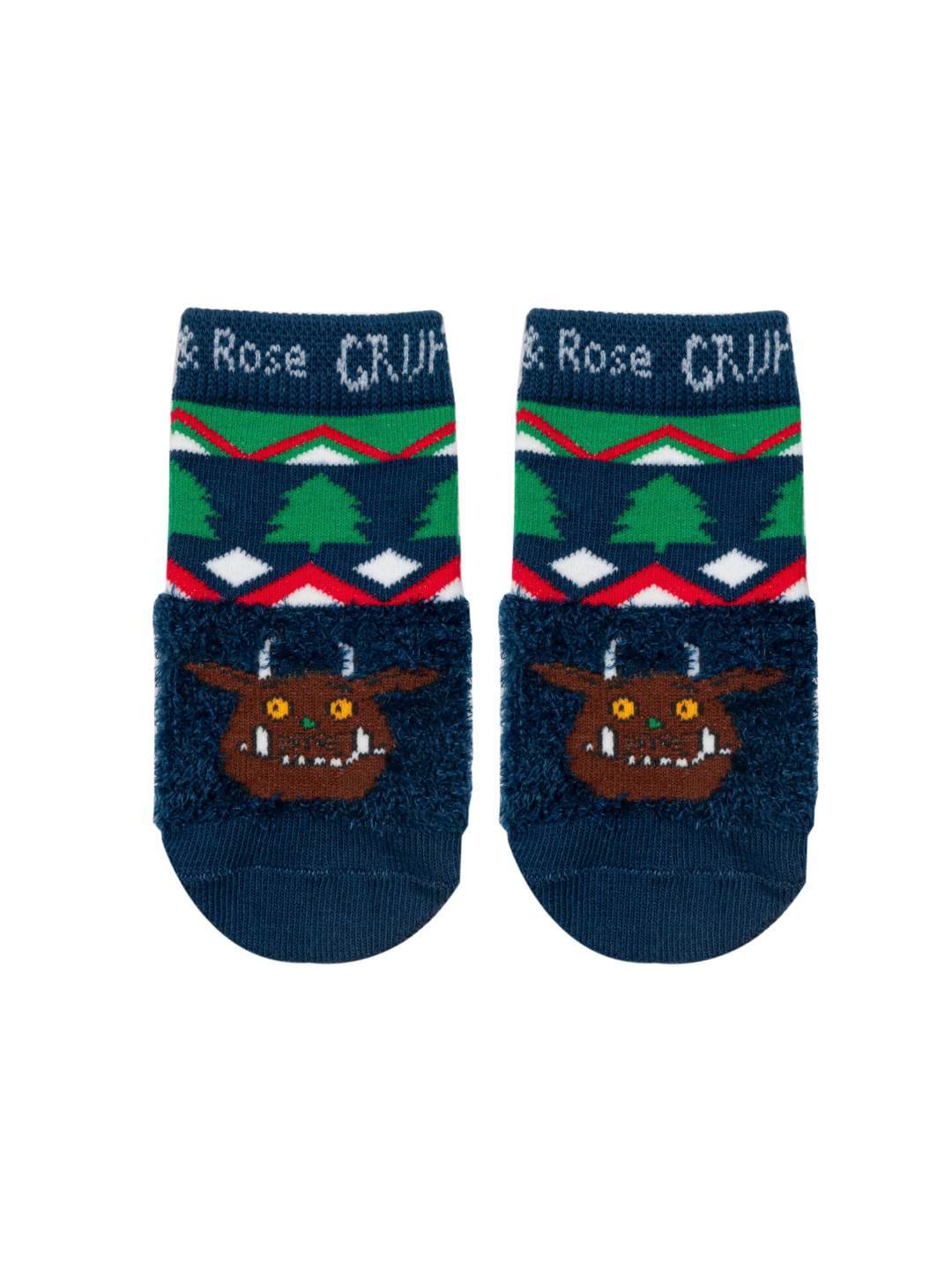Gruffalo™ Christmas Socks in the baby size, with the Fair Isle cuff turned down over the fluffy navy foot