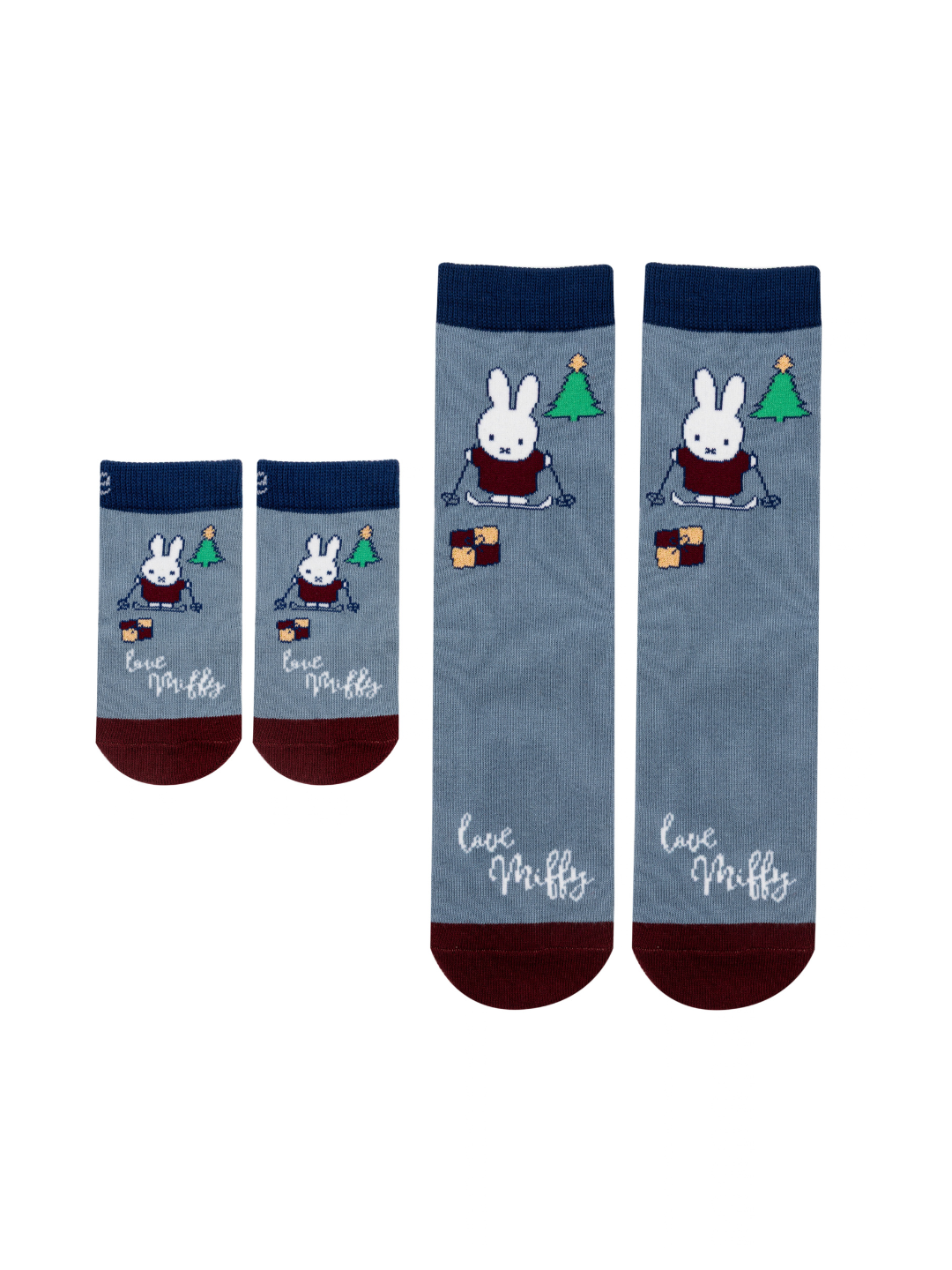 Miffy™ Christmas Socks in blue, shown in a baby size and a larger size