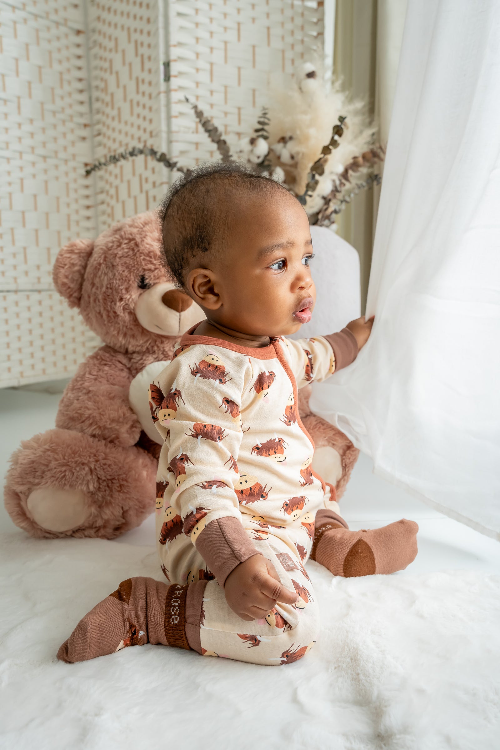 Neutral Highland Cow Zip-Up Romper