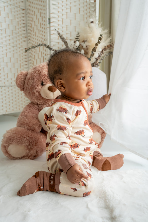 Neutral Highland Cow Zip-Up Romper
