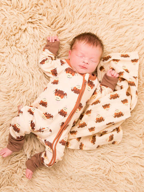 Neutral Highland Cow Zip-Up Romper