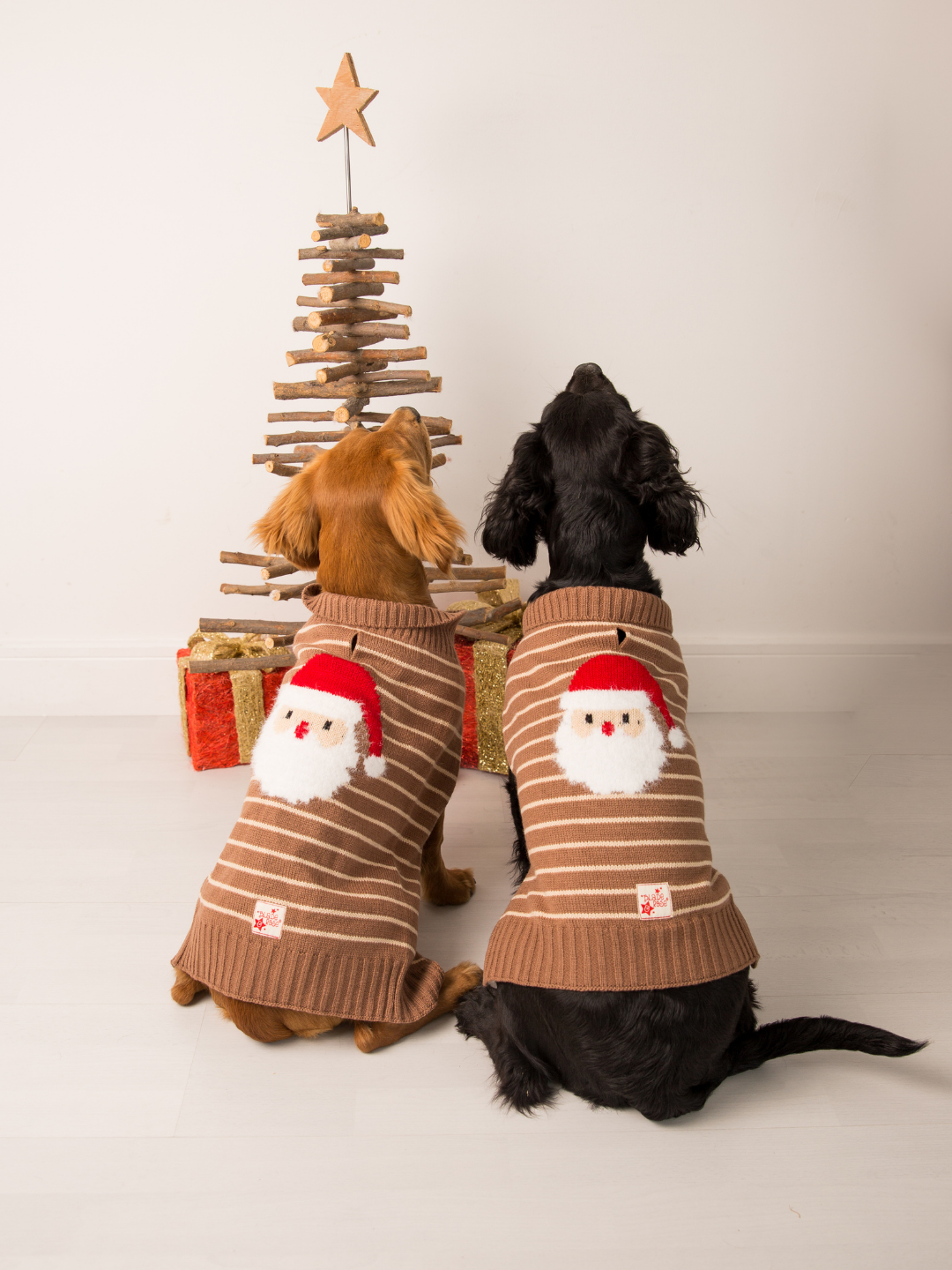 Two dogs wearing the Santa Ho Ho Ho knitted dog jumper in brown and cream stripes