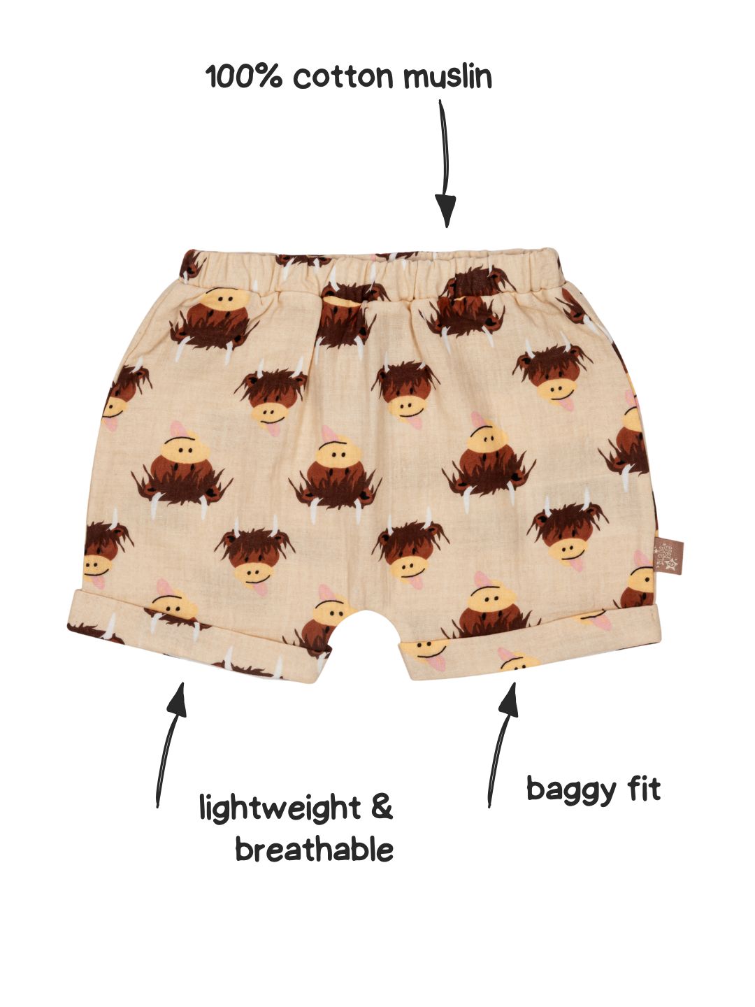 Neutral Highland Cow Muslin Shorts